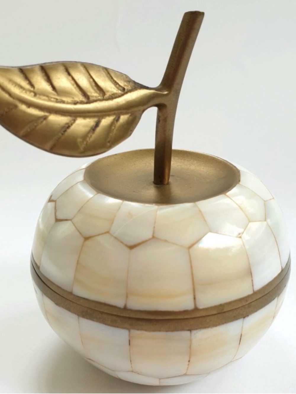 Vintage mother of pearl Cream Mosaic Apple Jewelry Box with Brass Leaf Accent